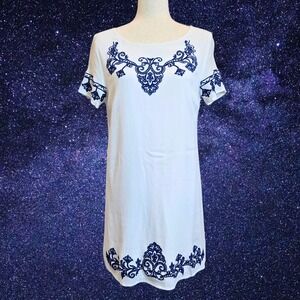 Lulus‎ Womens L White Dress Blue Embroidery Short Sleeve Casual Shift Bohemian